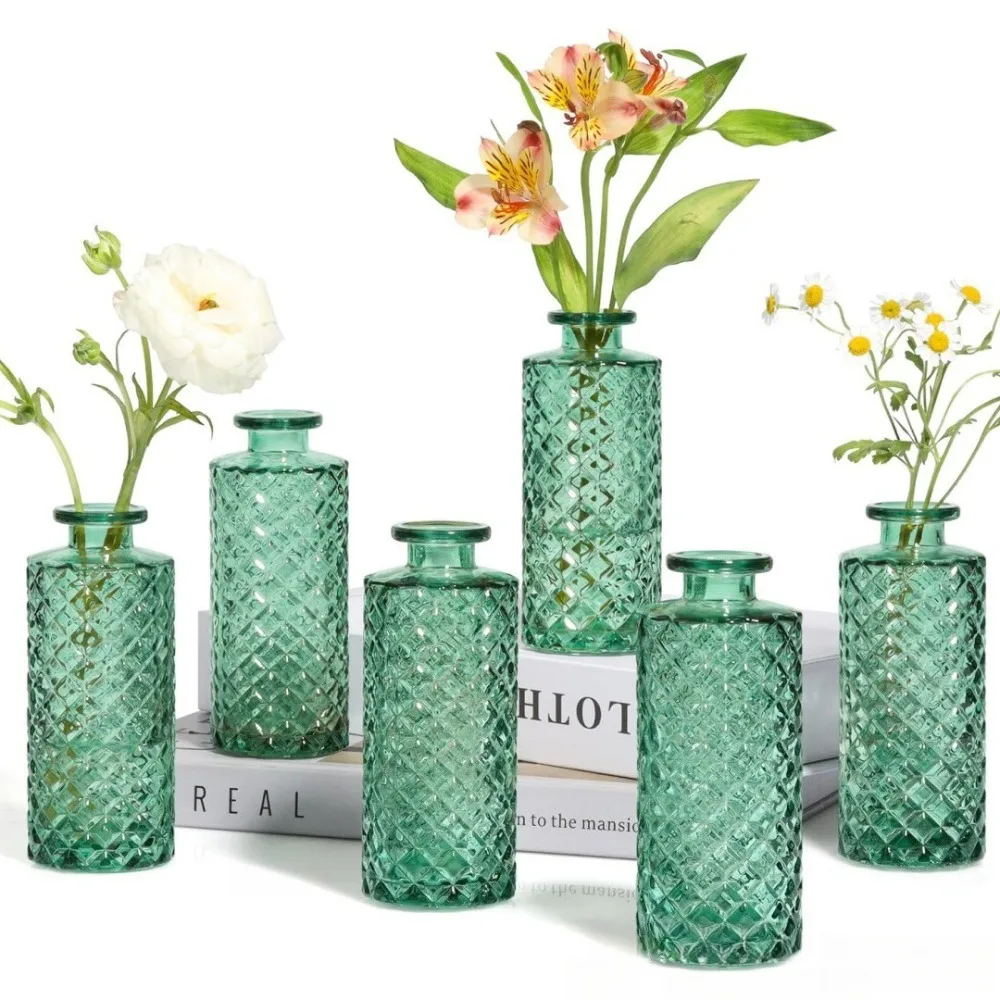 10PCS French Retro Relief Mini Glass Vase Simple Desktop Decor Bottle Transparent Striped Flower Vases Home Office Decoration
