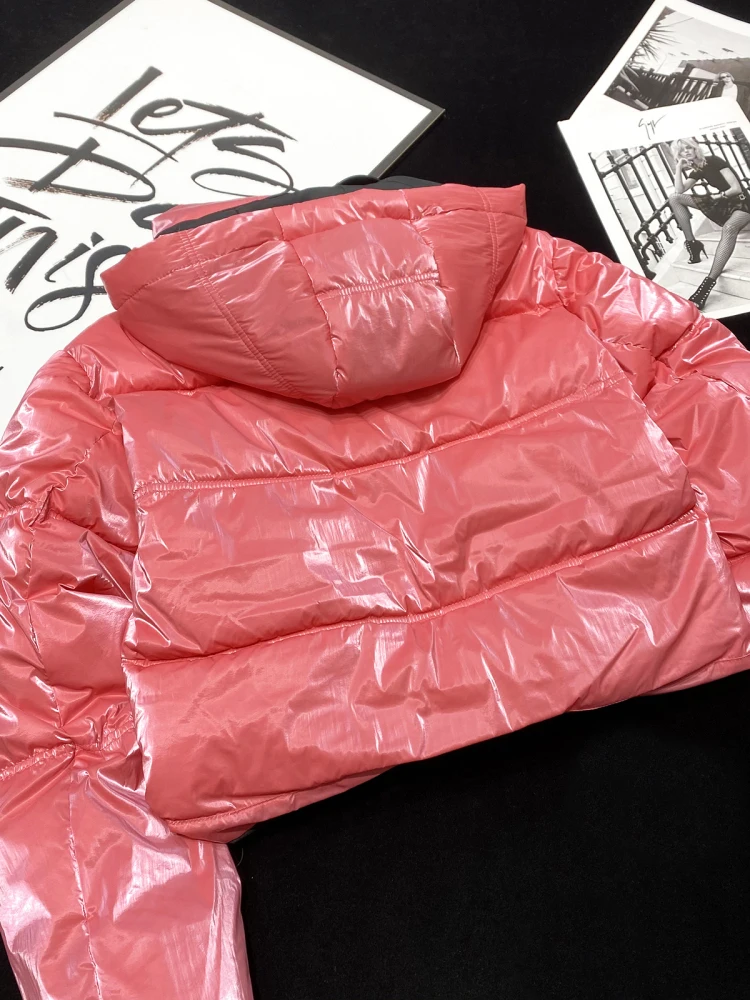 [YOZOU] Winter Luxury Barbiecore Shiny Pink Hooded Short Padded Puffer Jacket Parkas Outwear Thick Zipper Coat Youthful Women