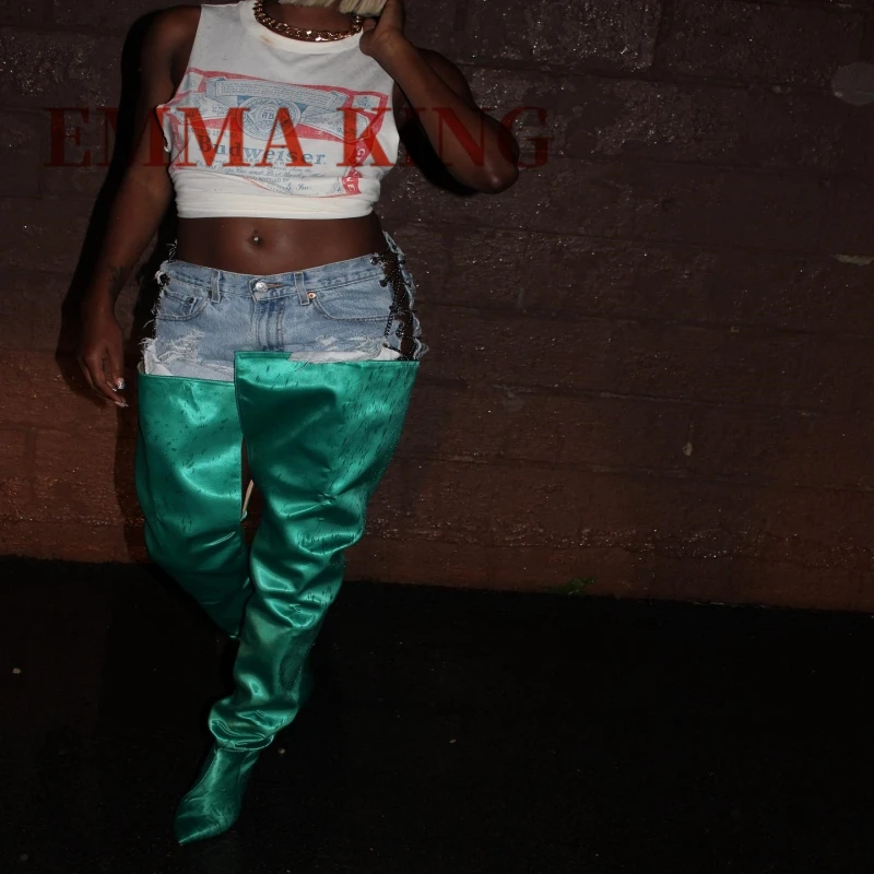 الخريف النساء الفخذ أحذية عالية الساتان الجلود الإفراط في الركبة التمهيد مثير أشار تو سحب على الشارع نمط أحذية نسائية حجم كبير 44 #3