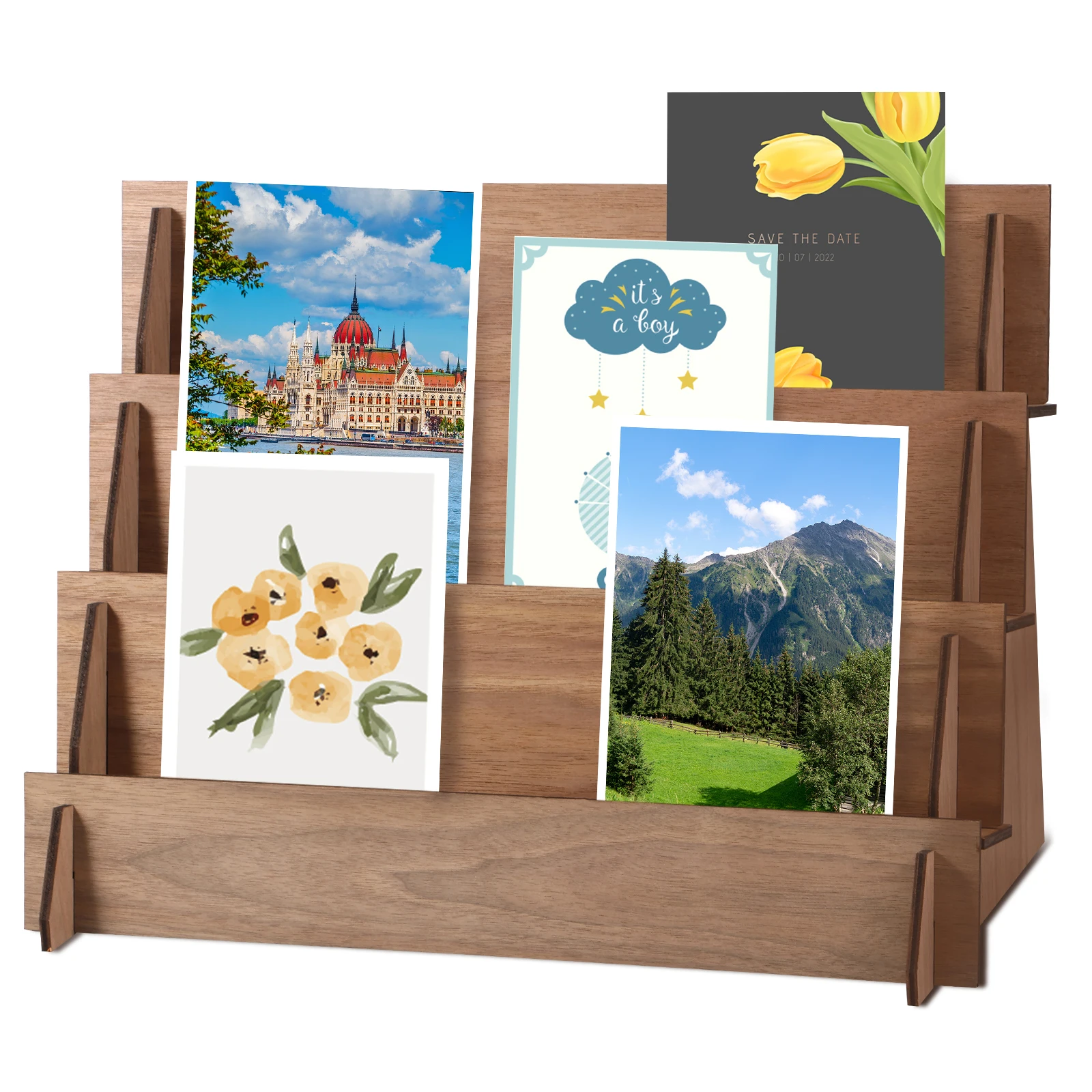 Espositore per carte Porta cartoline in legno Staffa da scrivania Organizzatore di carte Scaffali decorativi a 4 strati Supporti per espositori per regali per ufficio