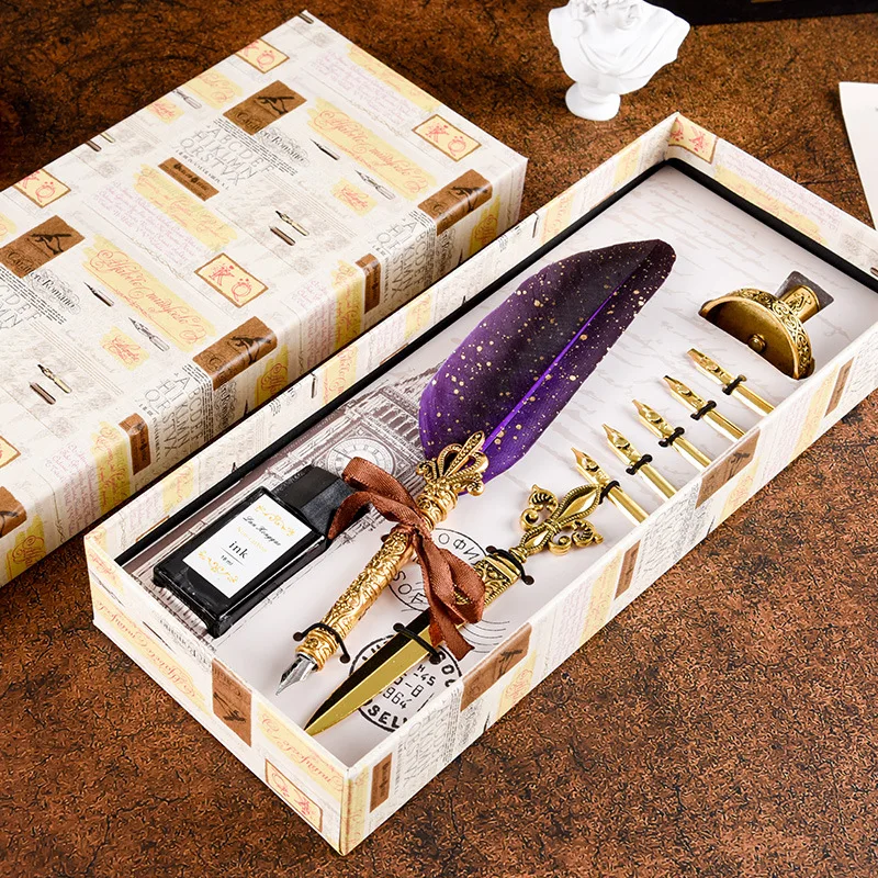 Gold Dot Feather Quill Pen Set Retro Dip Pen with Envelope Letter Opener