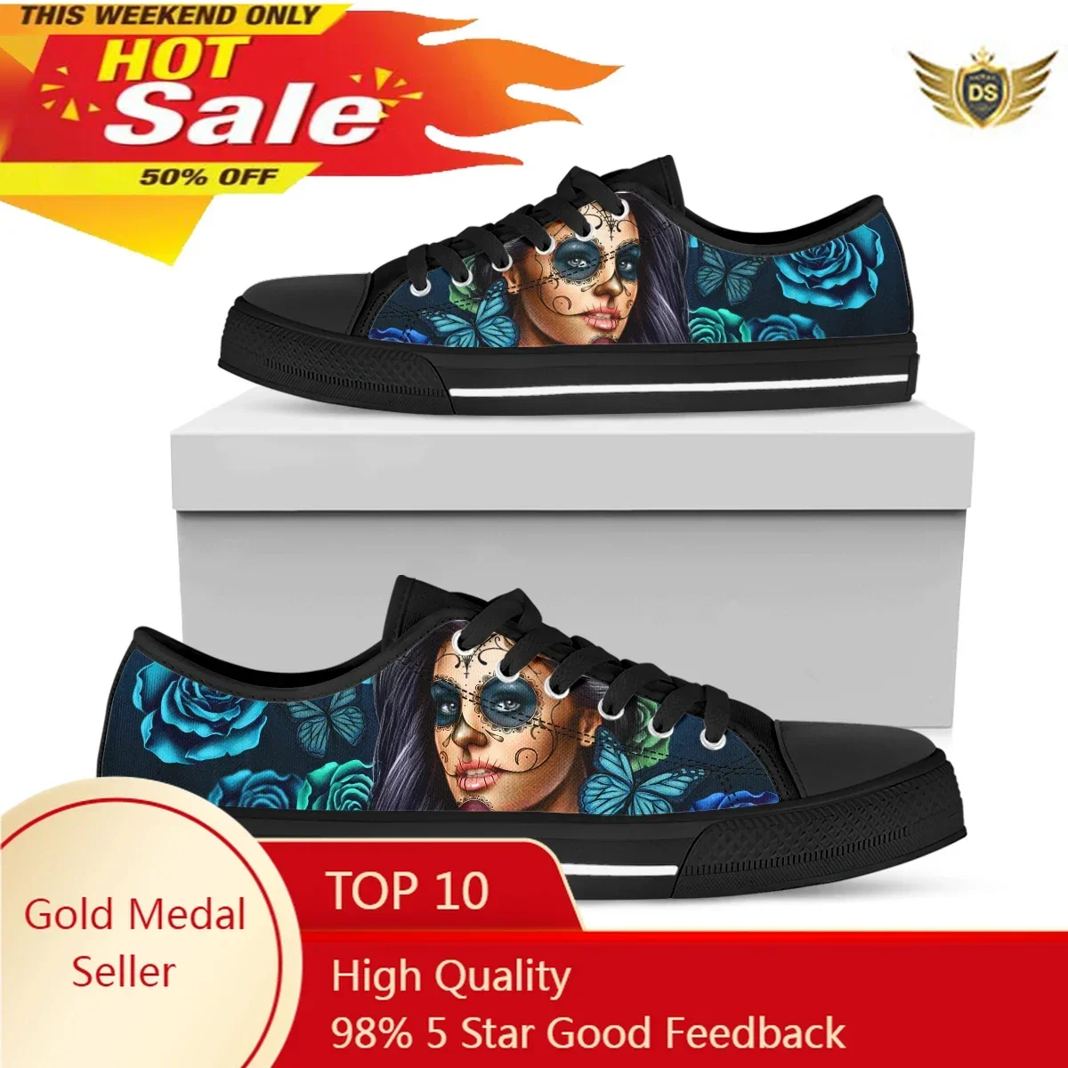 Hot Sale Purple Day Of The Dead Calavera Girl Print Canvas Shoes Lace Up Flat Autumn Breathable Vulcanized Sneakers