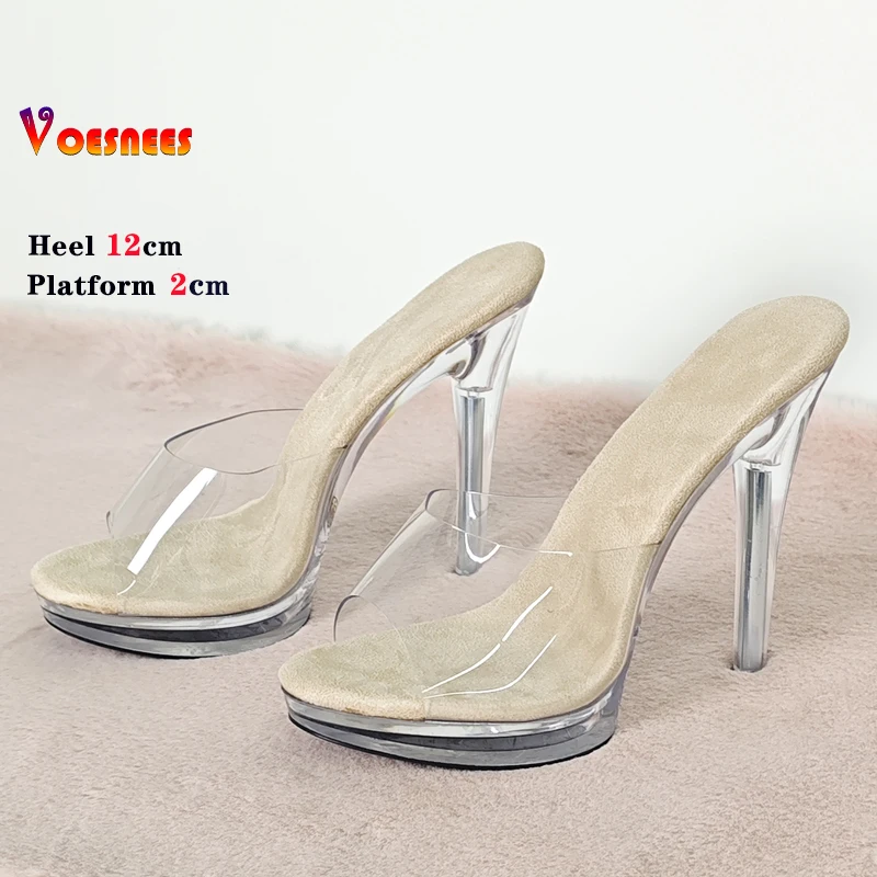 Transparent Slippers Ladies Clear PVC High Heeled Slippers Open Toe Daily Woman Sandals 12cm Sexy Show Crystal Shoes High Heels