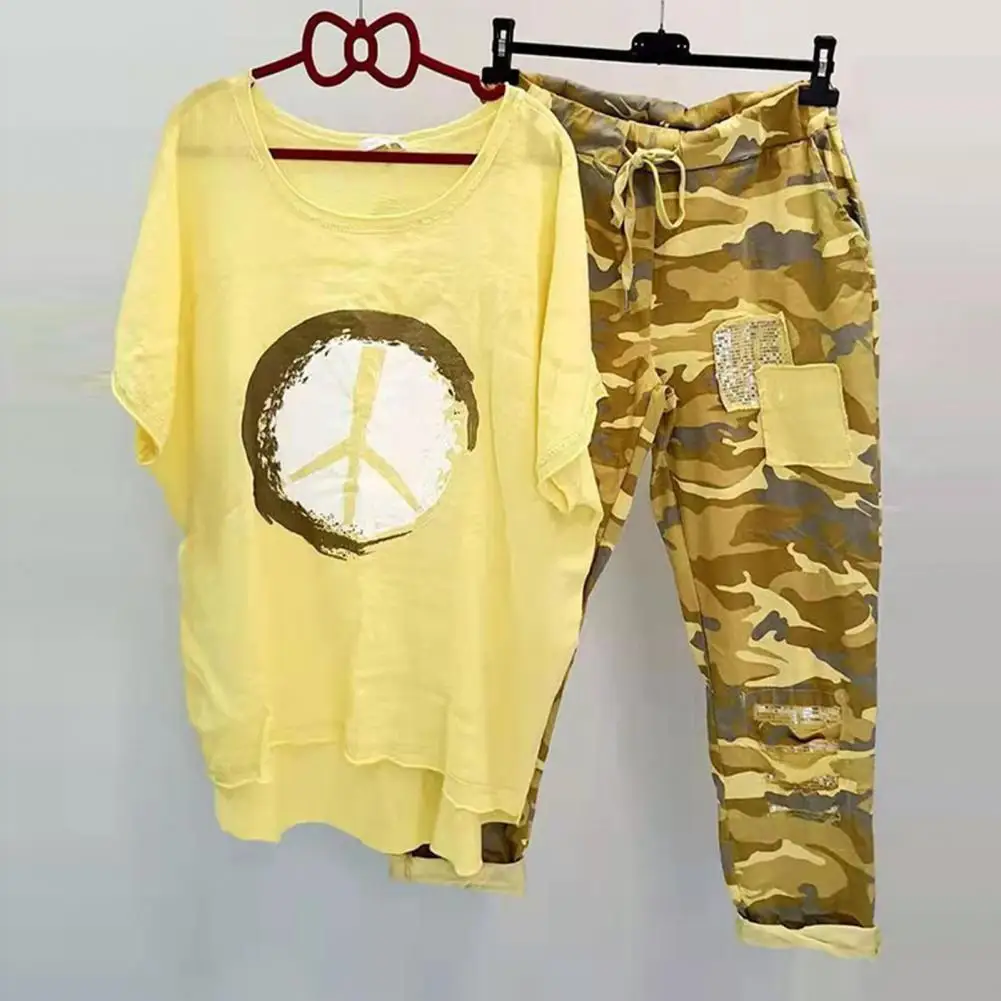 1 Set T-shirt Pants Camo Print Camouflage Drawstring Summer Relaxed Fit Asymmetrical Button Tops + Long Pants Outfit Streetwear