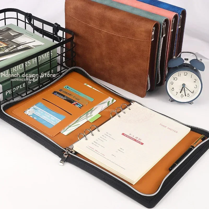 A5 Business Ring Binder Card Slots Travel With Calculator PU Leather Cover Loose Leaf Zipper Notebook Multifunctional