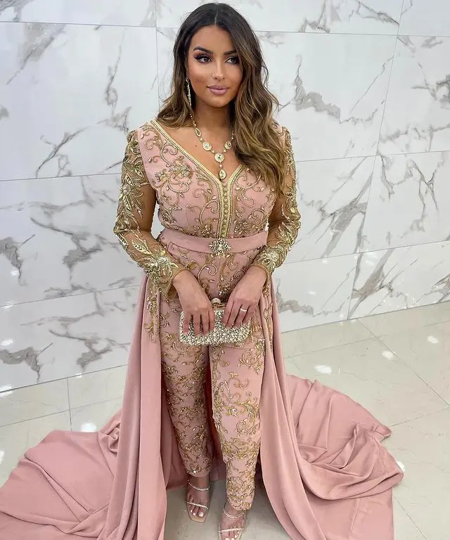 Blush Pink Luxury Evening Dress Jumpsuit with Overskirt Gold Lace Embroidery Long Sleeve Kaftan Caftan Outfit Prom Pant suit