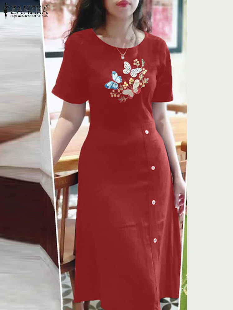 

Платье ZANZEA женское с коротким рукавом, модный праздничный Повседневный свободный сарафан с цветочным принтом, на пуговицах, с круглым вырезом, лето 2024