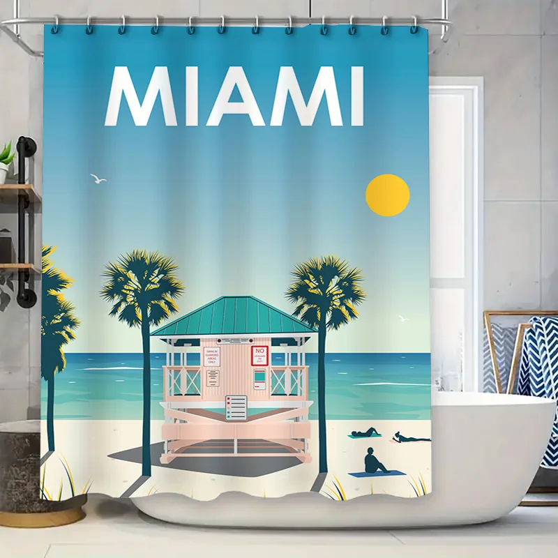 

Летняя пляжная занавеска для душа Майами, декоративная водонепроницаемая домашняя занавеска для ванной комнаты с пальмовым деревом и дизайном для серфинга для детей (128