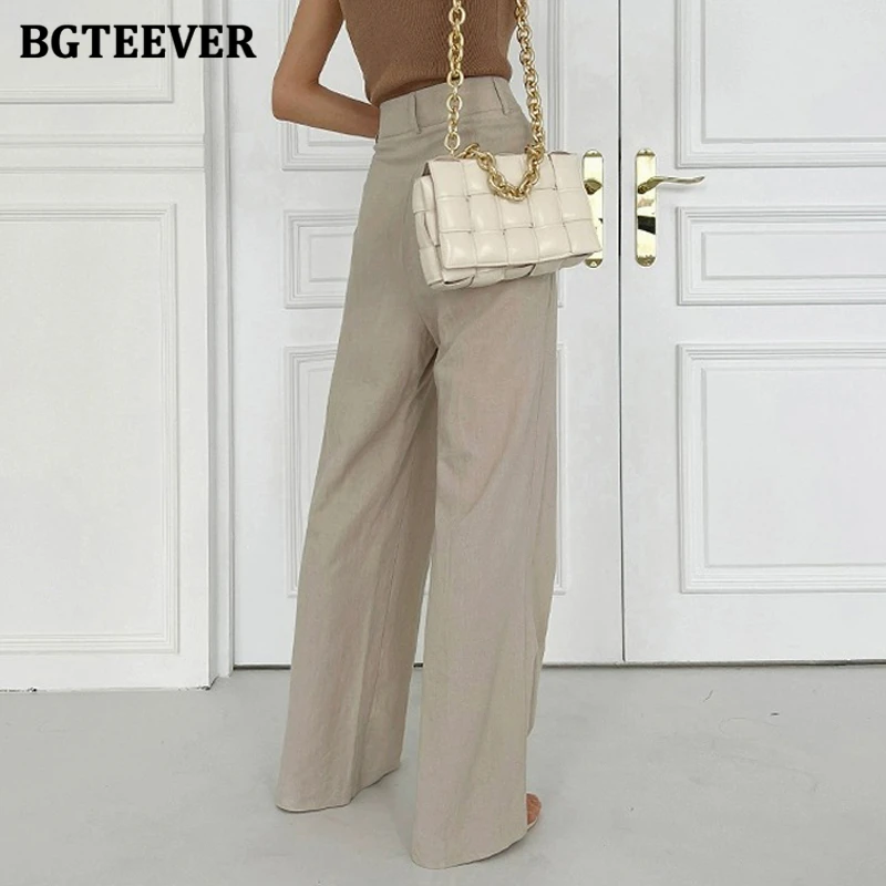 BGTEEVER Elegant High Waist Wide Leg Suit Pants Women Summer Pockets Loose Straight Trousers Women Cotton and Linen Pants