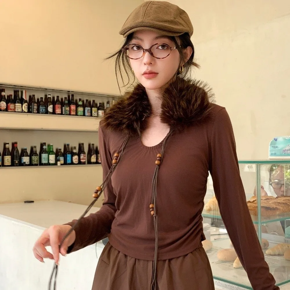 

Пушистый декор в стиле Y2K: меховой воротник-шарф, пояс с деревянными бусинами для создания дерзкого образа, пояс-шнурок для девушек, аксессуар для талии