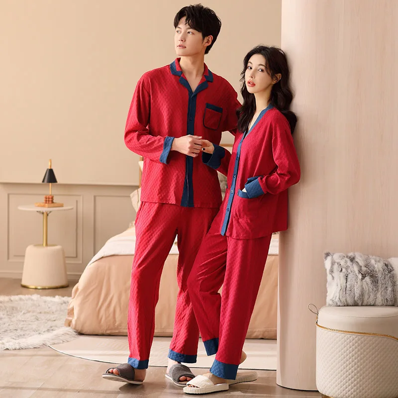 Couples V-Neck Pajamas Festive Red Pajama Sets Sleepwear Long Sleeve Tops + Pants Pyjamas Cotton Home Clothing Pijamas Mujer