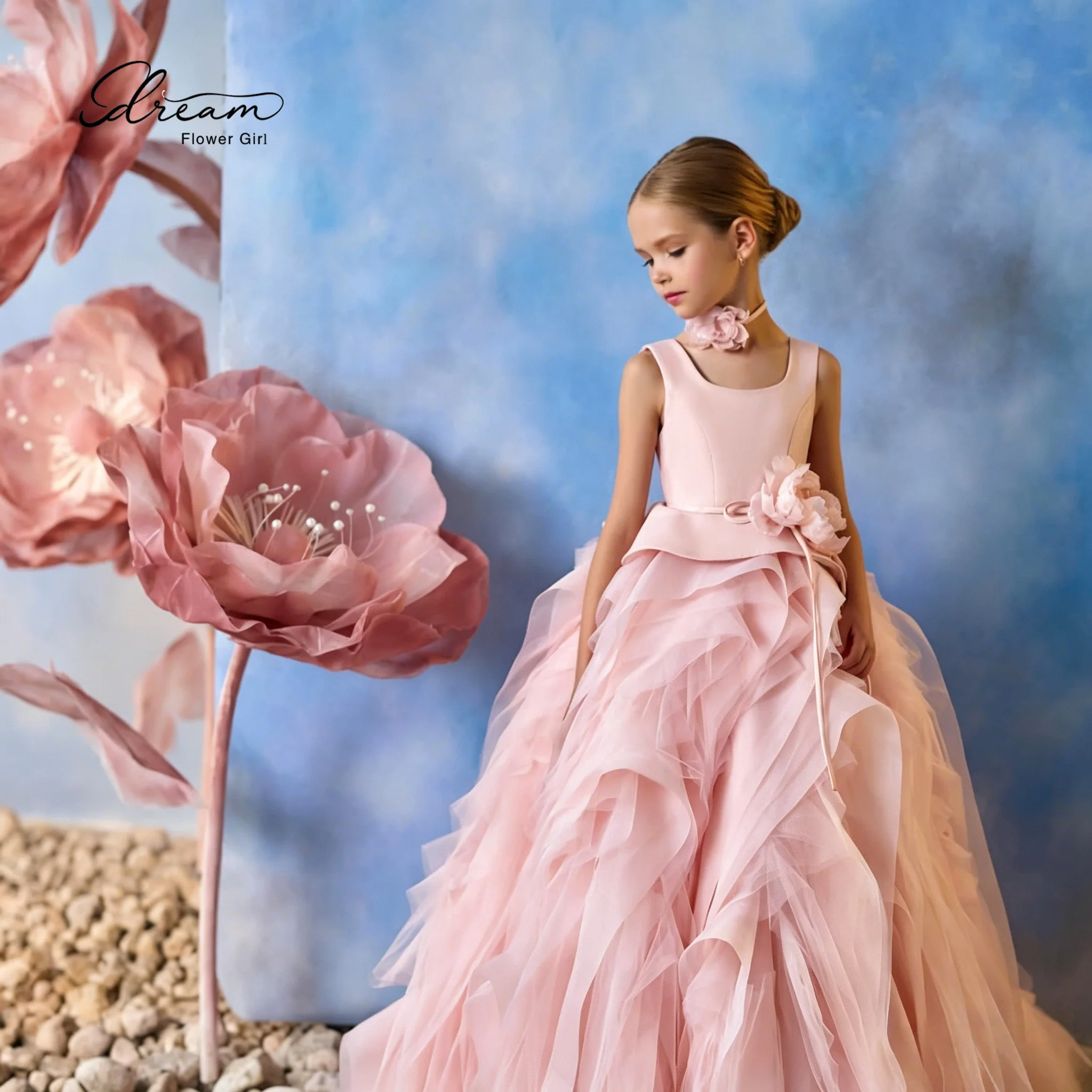 Elegant flower girl pink sleeveless trailing halter top backless floral floor-length evening dress