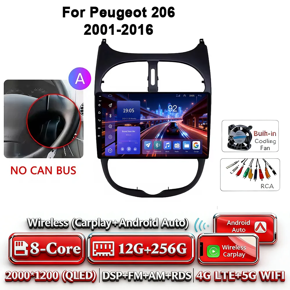 Android 17 Carplay Android Auto 4G WIFI autoradio voor Peugeot 206 2001-2016 GPS DSP BT touchscreen multimediasysteem navigatie stereo