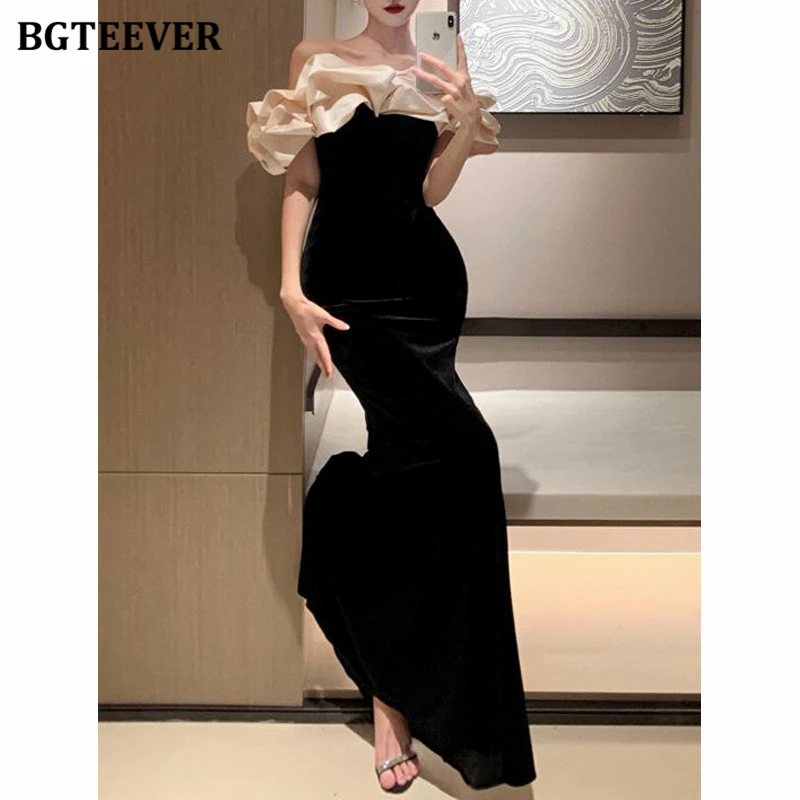 BGTEEVER Elegant Slim Waist Female Patchwork Strapless Party Dress Spring Summer Ladies Sleeveless Package Hip Mermaid Dress