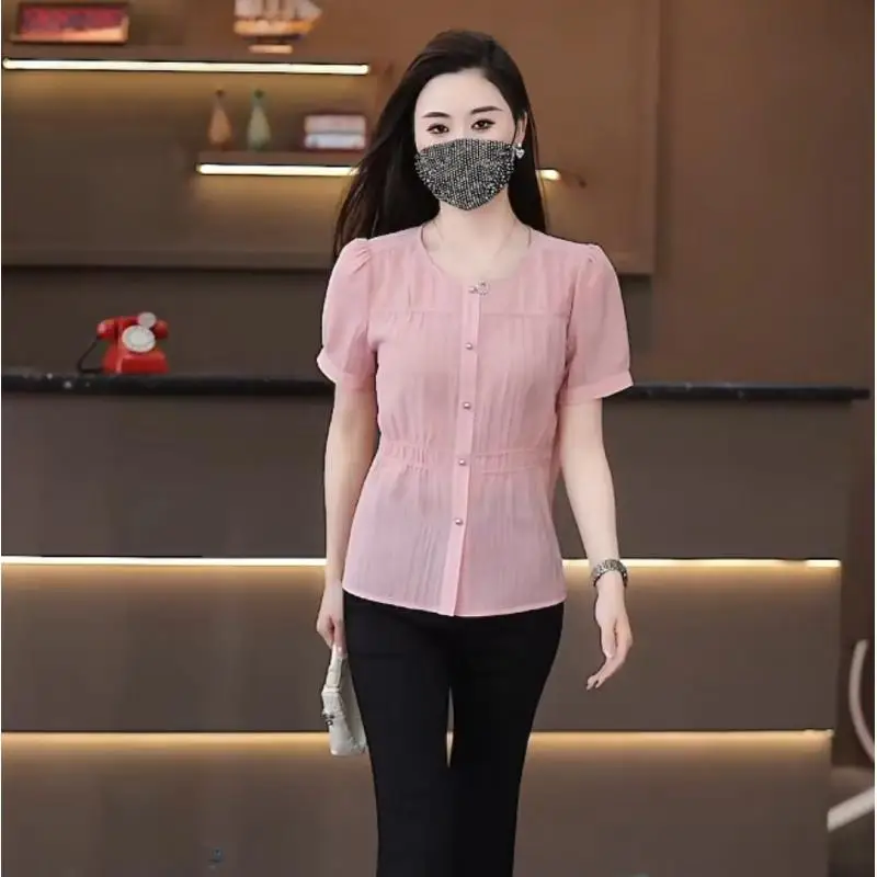 

2025 Women's Clothing Korean Style Shirt Short Sleeve Loose Fit Vintage Print Summer O-Neck Trendy New