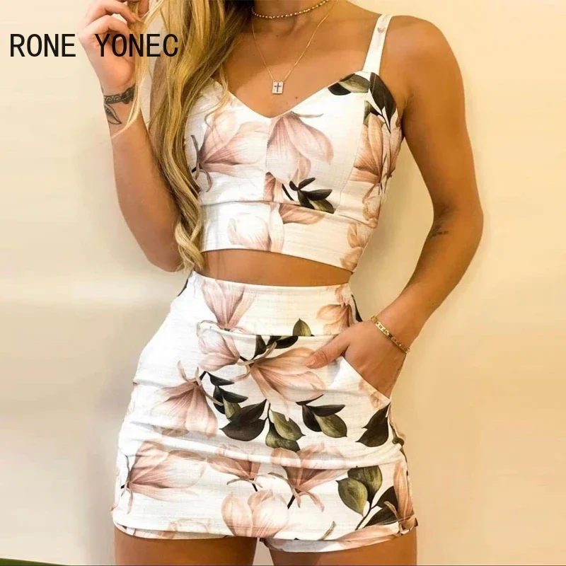 Women Sexy Chic Cami Sleeveless All Over Print Floral Pattern Summer Bodycon Mini Skirt Short Sets