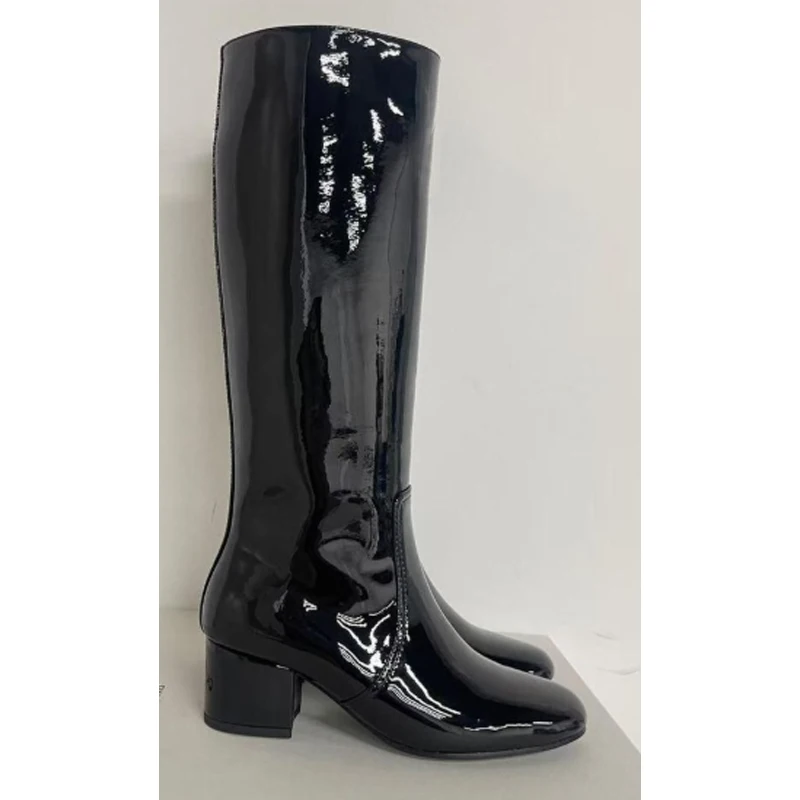 

Black Patent Leather Round Toe Block Heel Knee High Boots Woman Winter 2026 Slip-On Chunky Heels Ankle Boots Fashion Shoes