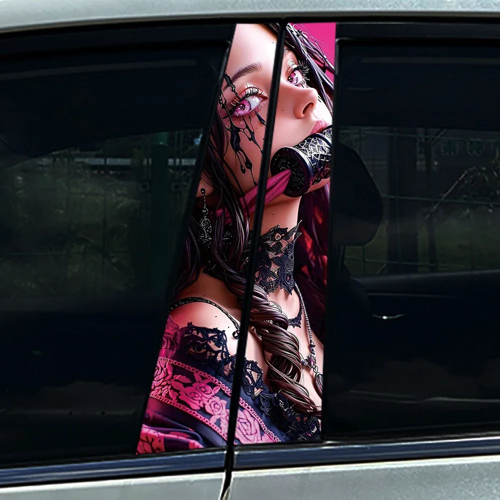 2PCS Anime Pink Colour Girl Car B Pillar Sticker Waterproof Sexy Vinyl Decal Auto Window Decor Exterior Accessories