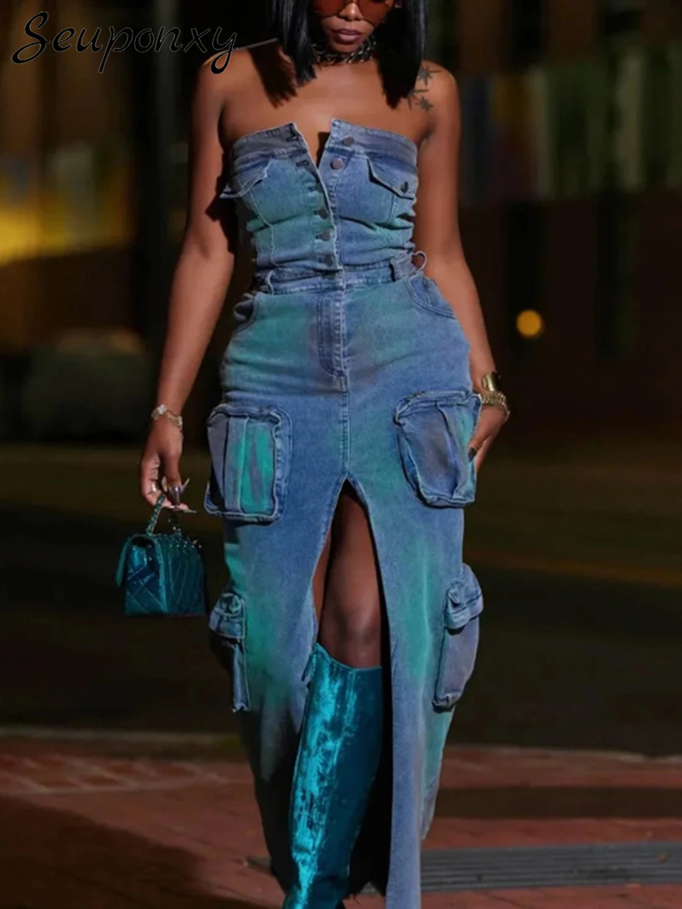 

High Quality 2024 Women'S Denim Maxi Dress Sexy Strapless Backless Single Breasted Patchwork Pocket Slit Celebrity Party Dress