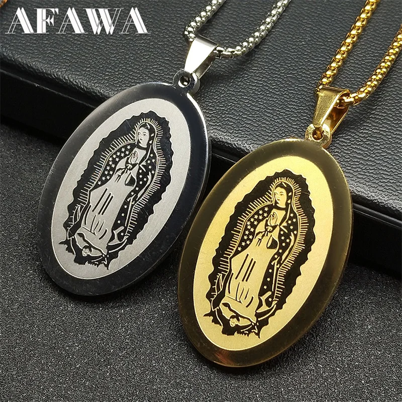 Katolicka medal Maryi Dziewicy Naszyjnik dla kobiet Mężczyźni Stal nierdzewna Złoty kolor Religijna biżuteria z łańcuszkiem modlitewnym Guadalupe NZZZ939S02