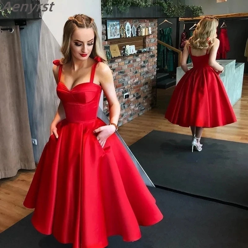 Aenyrst Red Spaghetti Strap Evening Dresses Elegant A-Line Satin Prom Dress Sexy Tea-Length Saudi Arabic Celebrity Party Gowns