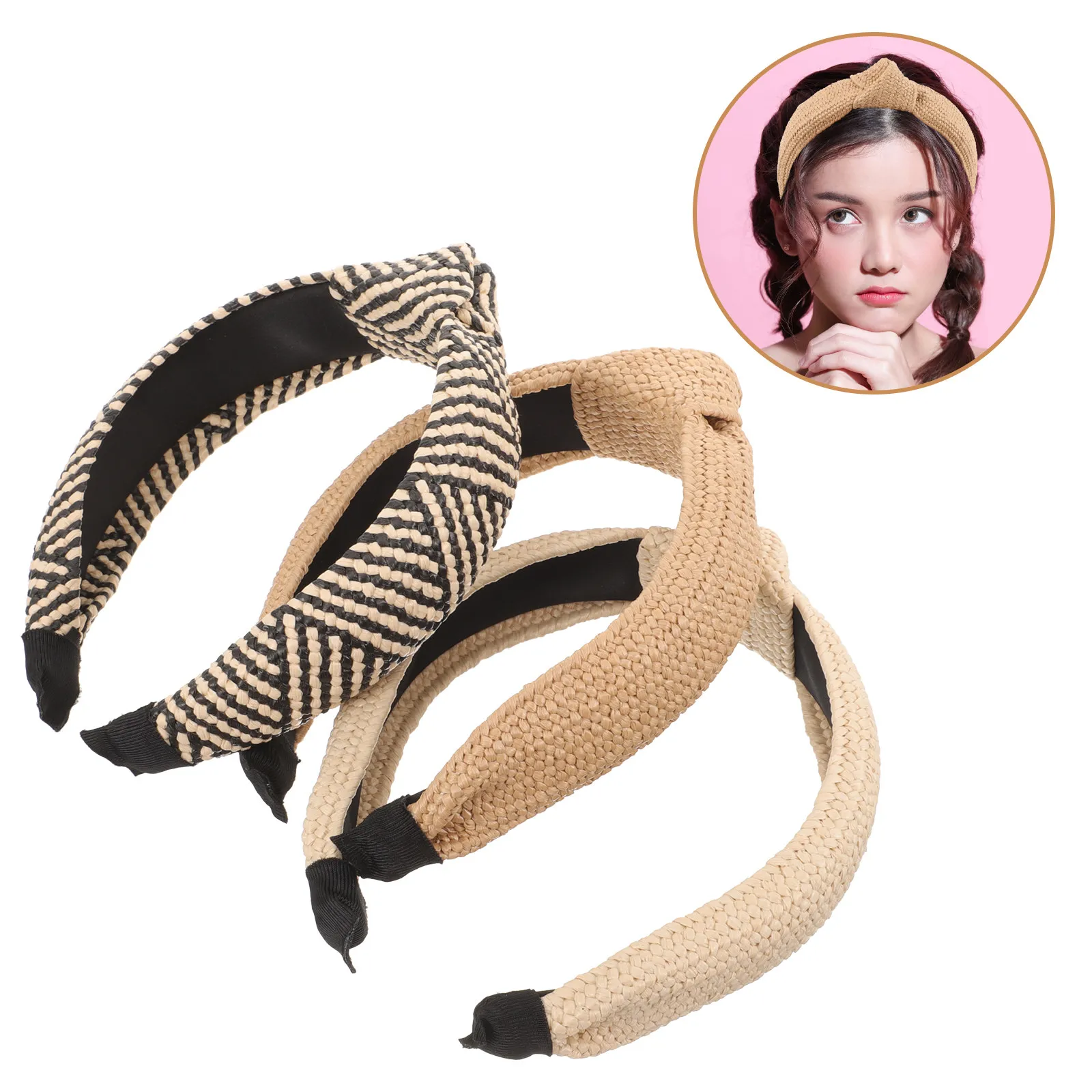 

3Pcs Woven Headbands Knotted Straw Hairbands Beach Party Stylish Lightweight Decorative Accessories for Women