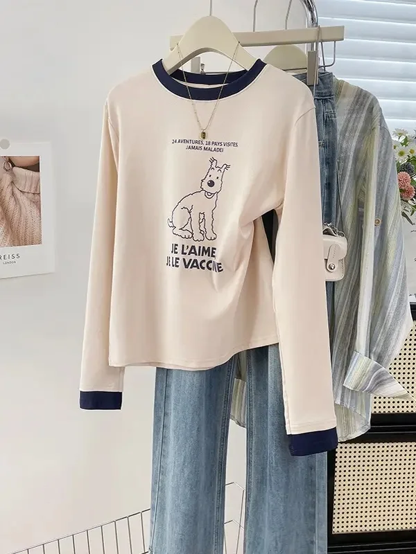 Cartoon Sketch Letter Dog Print Long Sleeve T-Shirt Women's Chic Color Block Fake Two-Piece Shoulder Micro Loose Top Casual S...