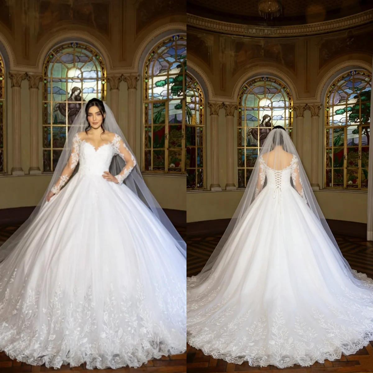 

Custom Vintage Lace Ball Gown Wedding Dress Elegant Off Shoulder Long Sleeve Bridal Gown with Chapel Train Vestido De Novia