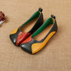 New Handmade Cow Leather Shoes Women's Luxury Vintage Loafer Woman Patchwork Square Toe Flats Ladies Shallow Slip On Moccasins