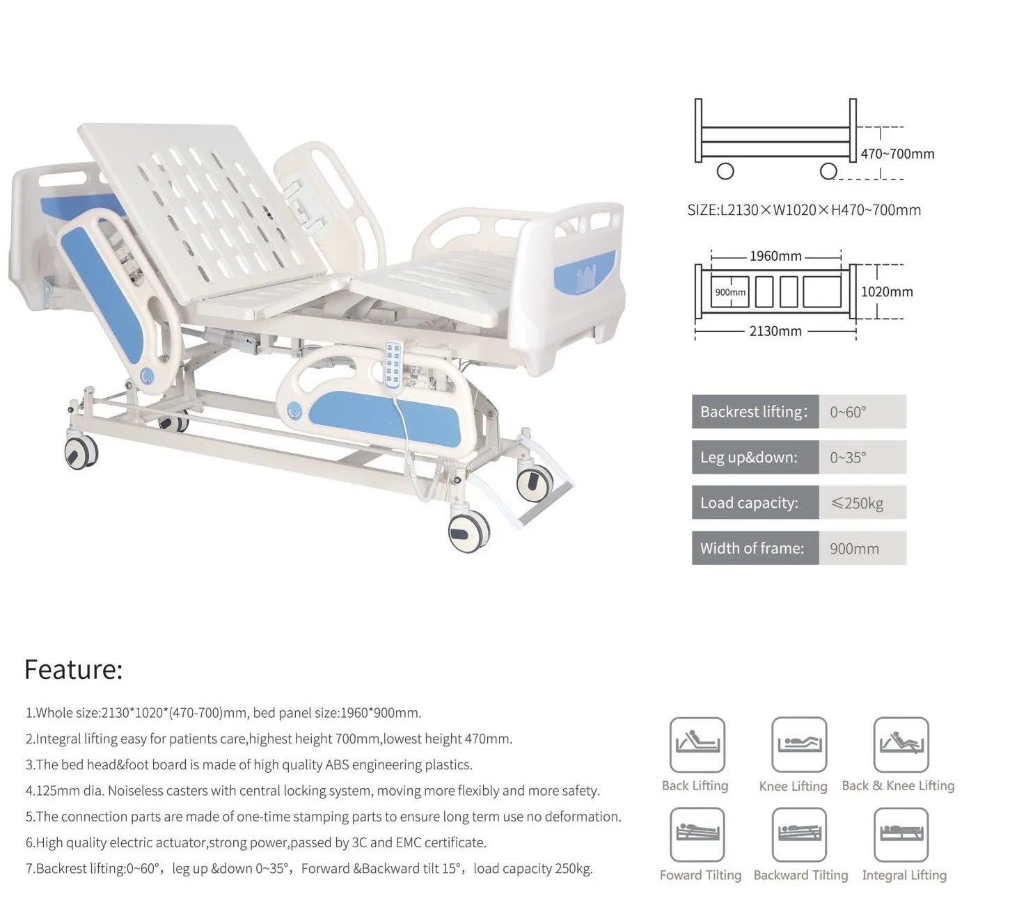 ABS Engineering Plastics 2130x1020x(470-700mm) Medical Nursing Patient Care Electric Hospital Bed