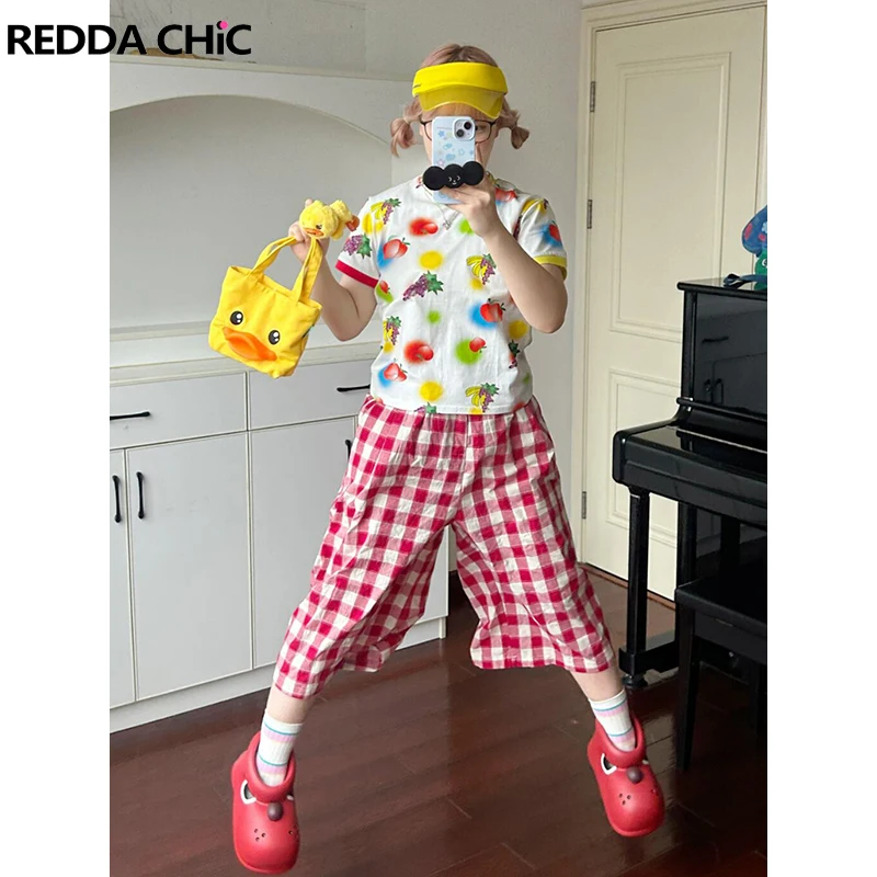 REDDACHiC Cute Women Plaid Casual Pants Red Loose Oversize Elastic Waist Slacks Cotton Linen Straight Baggy Jorts Retro Clothes