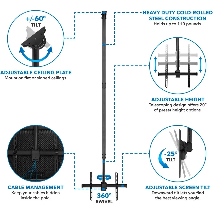 دعامة تثبيت للتلفاز طويلة جدًا بطول 10 أقدام لـ 40 42 47 50 55 60 70 بوصة تلفزيونات مسطحة بارتفاع قابل للتعديل Telesco