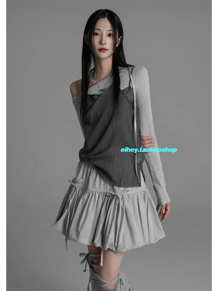IMU New design subculture y2k ball gown skirt elastic waist lace-up bud jupe gothic sweet cute kawaii mini lantern skirt grey bl