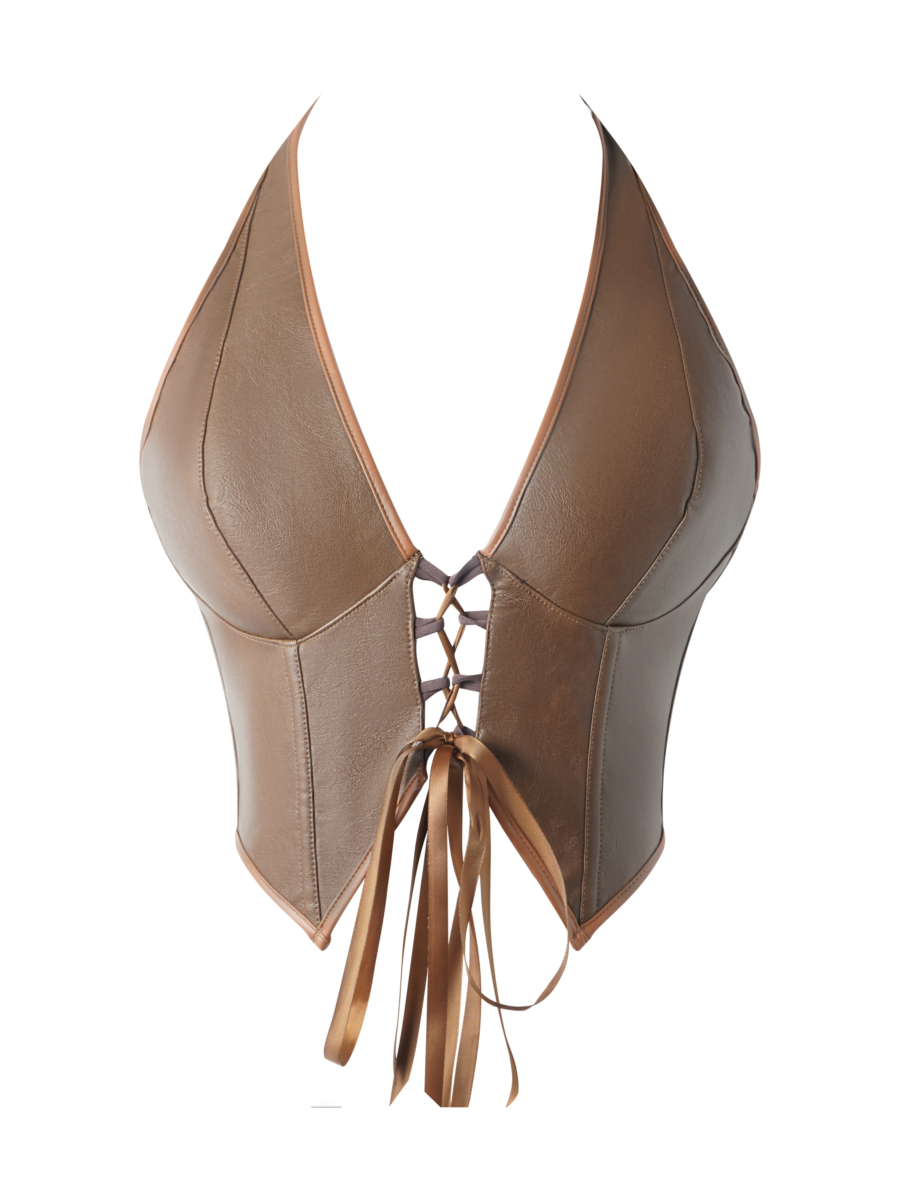 Brown PU Leather Lace Up Halter Vest Womens Vintage Corset Top Y2K Streetwear Clubwear Party Night Out Slim Fit Bodycon