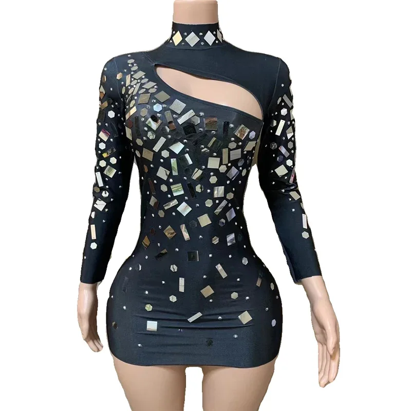Shiny Mirrors Rhinestones Dress Women Celebrate Evening Dresses Performance Festival Outfit Stage Singer Sequins Dress XS7514