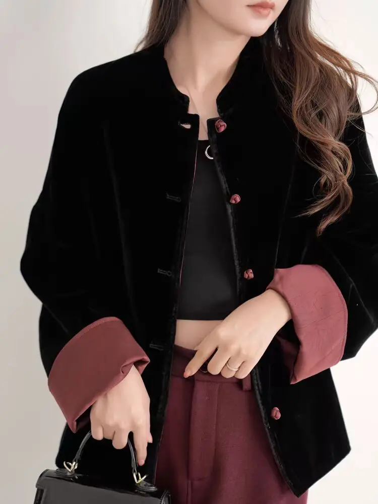 

Бархатный костюм с воротником-стойкой, женский зимний китайский костюм Sle Tang, цветной топ на пуговицах спереди, свободное длинное пальто све