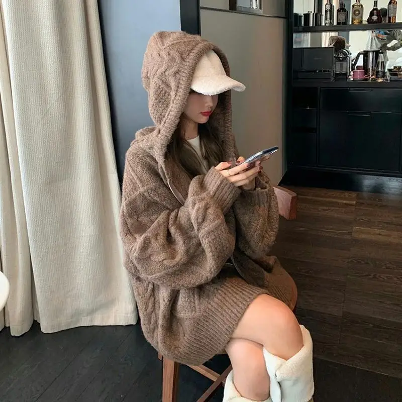 Korean Fashion Knit Cardigan Women 2023 Autumn Winter Casual Loose Zipper Hooded Thick Sweater Coat Long Sleeve Pink Top Y2k Ins