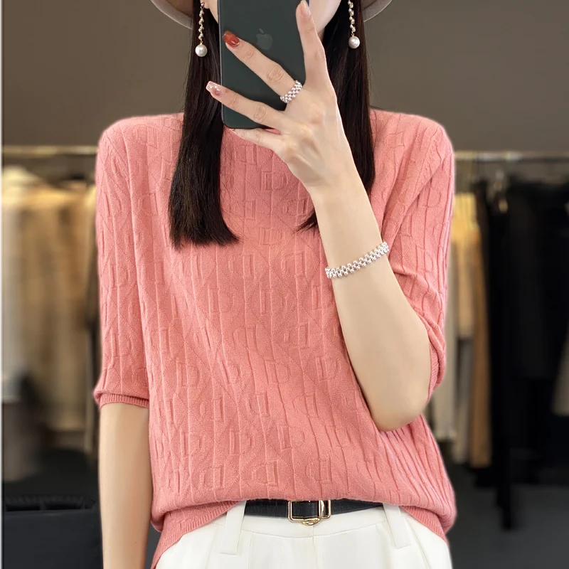 2023 spring, summer and autumn new women\'s pullover cashmere fashion letter five-quarter sleeve casual half-high collar fashion