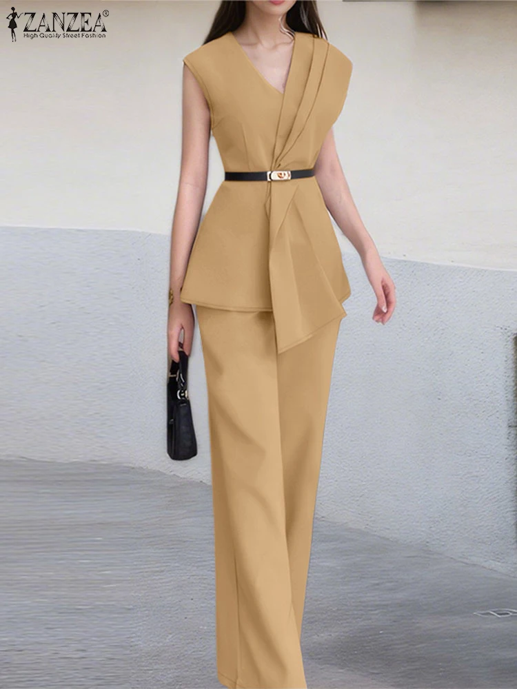 Zanzea escritório assimétrico bainha plissado regata 2 peça define 2025 verão moda feminina chique calça define calças de perna larga 2pcs ternos