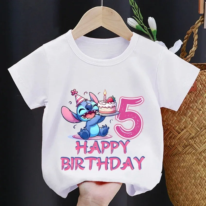 Lilo Stitch Children T-shirt Birthday 3-10 Years Boy Girl Clothing Summer Cartoon Print Tshirt Short Sleeve Cotton Top Baby Tee