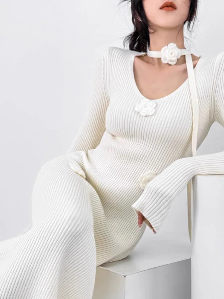 New Fashionable High Quality Knitted Collar Slim Fit Short Sleeved Three-dimensional Flower Button Long Women's Dress CQ339