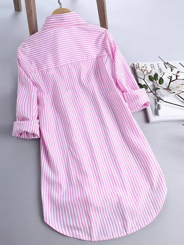 

Loose Long Sve Striped irt Stand Collar Mid-Length Street Sle Women's Spring Faion Button Closure Casual Blouse