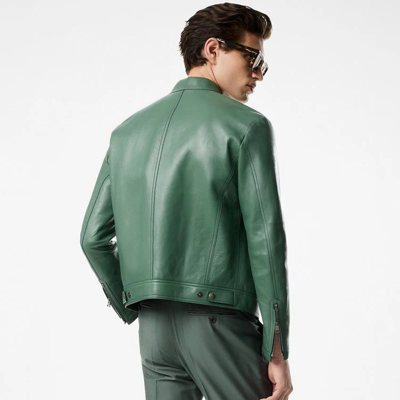 High-Quality British Style Leather Jacket for Men - Custom Green Sheepskin Short Standing Collar