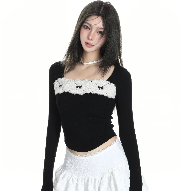 Korean Fashion Black Square Collar Long Sleeve Top Women Slim Fit Elegant Casual Short Sweaters Autumn Inner Knitted Pullovers