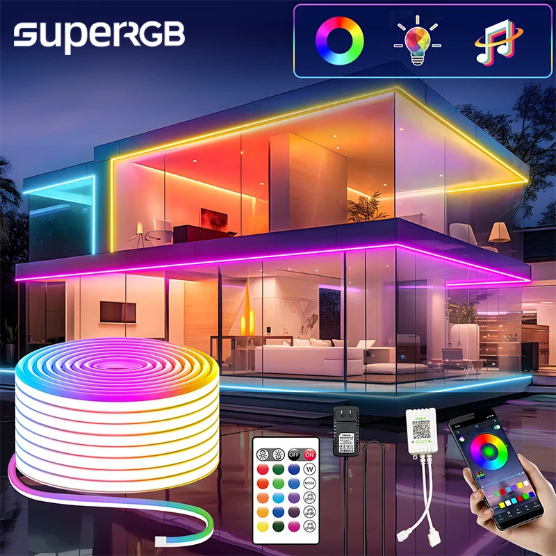 15M Outdoor Led Neon Rope Lights Remote Control APP Waterproof Flexible 24V RGB Neon LED Lights DIY Bedroom Gaming Room Decor