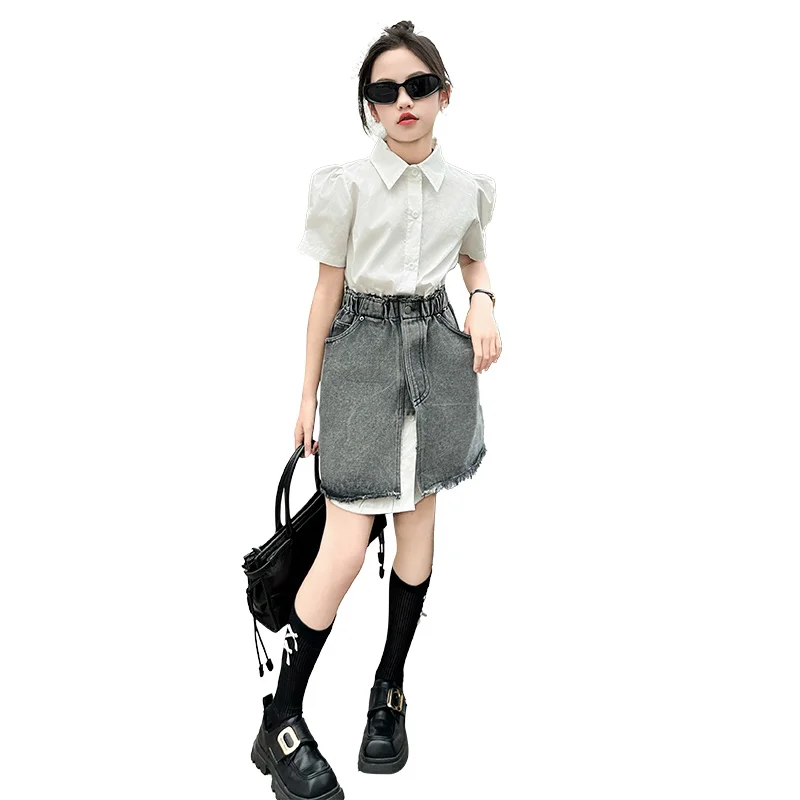 Fashion White Shirt Dress Denim skirt Two piece set Teenager Girls Children Streetwear Summer Kids Personalized Shirt Skirt Suit