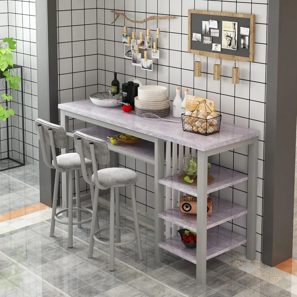 طاولة وكراسي بارتفاع بار المطبخ لـ 2، طاولة غرفة طعام مدمجة من 5 طبقات، سطح رمادي و2 منجد من جلد البولي يوريثان