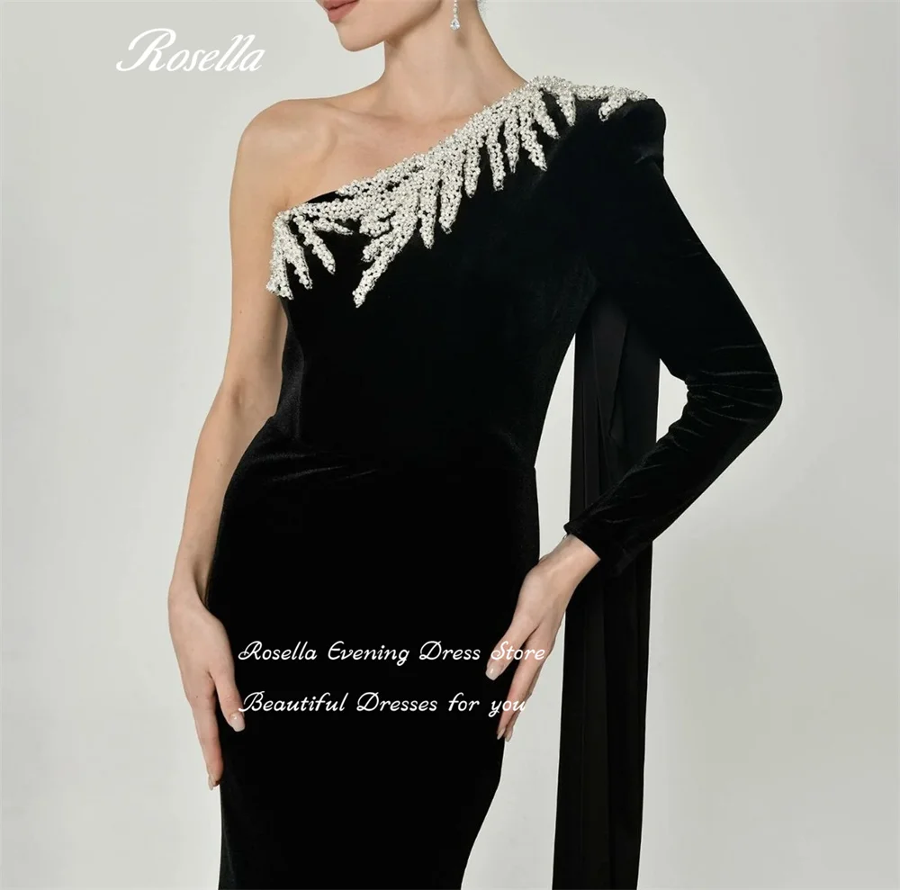 ROSELLA One Shoulder Womens Dresses Cape Shawl 2023 فساتين السهرة Beaded Floor Length Velour Mermaid Dresses for Prom