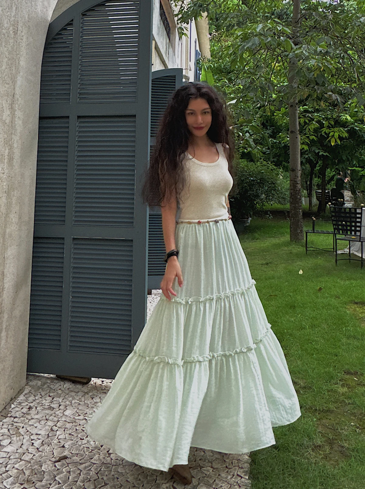 

Limited Edition Long Cake Skirt Elastic Waist High Waist Cotton Blend Gathered A-Line Silhouette for Commuting And Daily Wear