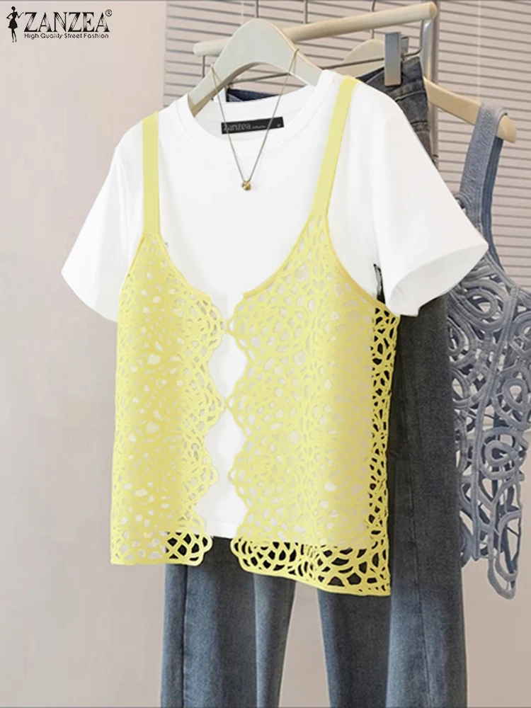

ZANZEA 2025 Fashion Patchwork Blouse Casual Loose knitted Tops Fake 2-piece Sets Tunics Fashion O Neck Blusas Spliced Pullover